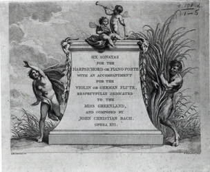 Frontispiece for six sonatas by John Christian Bach, dedicated to Miss Greenland, engraved by Francesco Bartolozzi